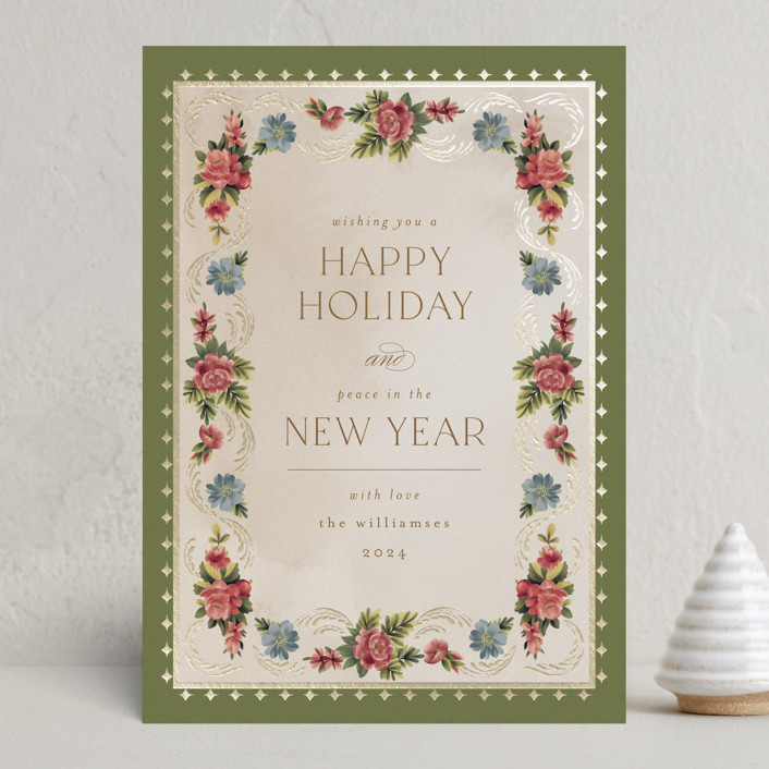 "Holiday Brocade" - Customizable Minted X The Met Foil-pressed Holiday Cards in Beige or Green by... | Minted