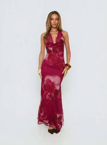 Adeya Halter Maxi Dress Burgundy Floral | Princess Polly US
