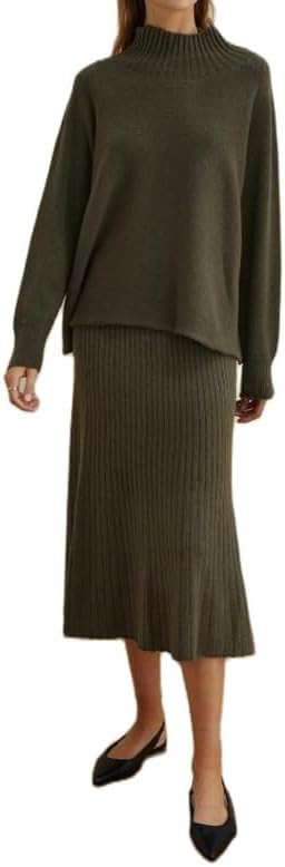 NUFIWI Women Turtleneck Sweater and Knit Skirts 2 Pieces Set Loose Fit Knitted Pullovers Bodycon ... | Amazon (US)