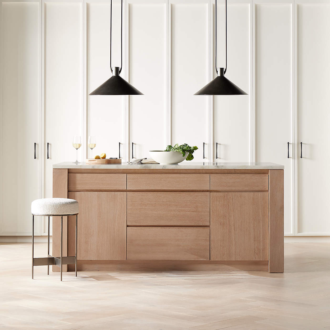 Terra 78" Marble Top and Natural Oak Wood Kitchen Island with Storage + Reviews | Crate & Barrel | Crate & Barrel