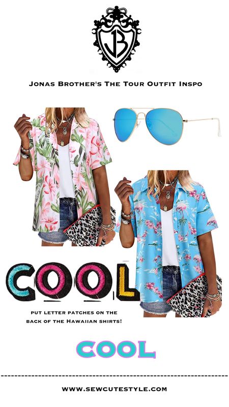 Jonas Brother The Tour inspired look! Pair a Hawaiian shirt with aviator glasses for a Cool inspired look. Add COOL letter patches to the back of the shirt for an extra touch! 

#LTKunder100