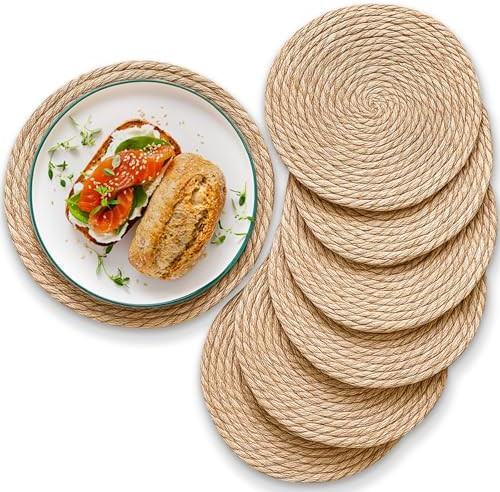 Handmade Boho Placemats Set of 6, Natural Cotton Burlap and Water Straw Woven, Macrame Decor, Far... | Amazon (US)