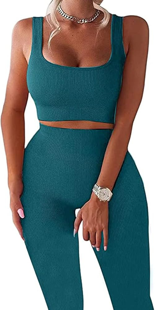 Workout Sets for Women 2 Piece High Waist Shorts Seamless Ribbed Crop Tank Set Yoga Outfits | Amazon (US)