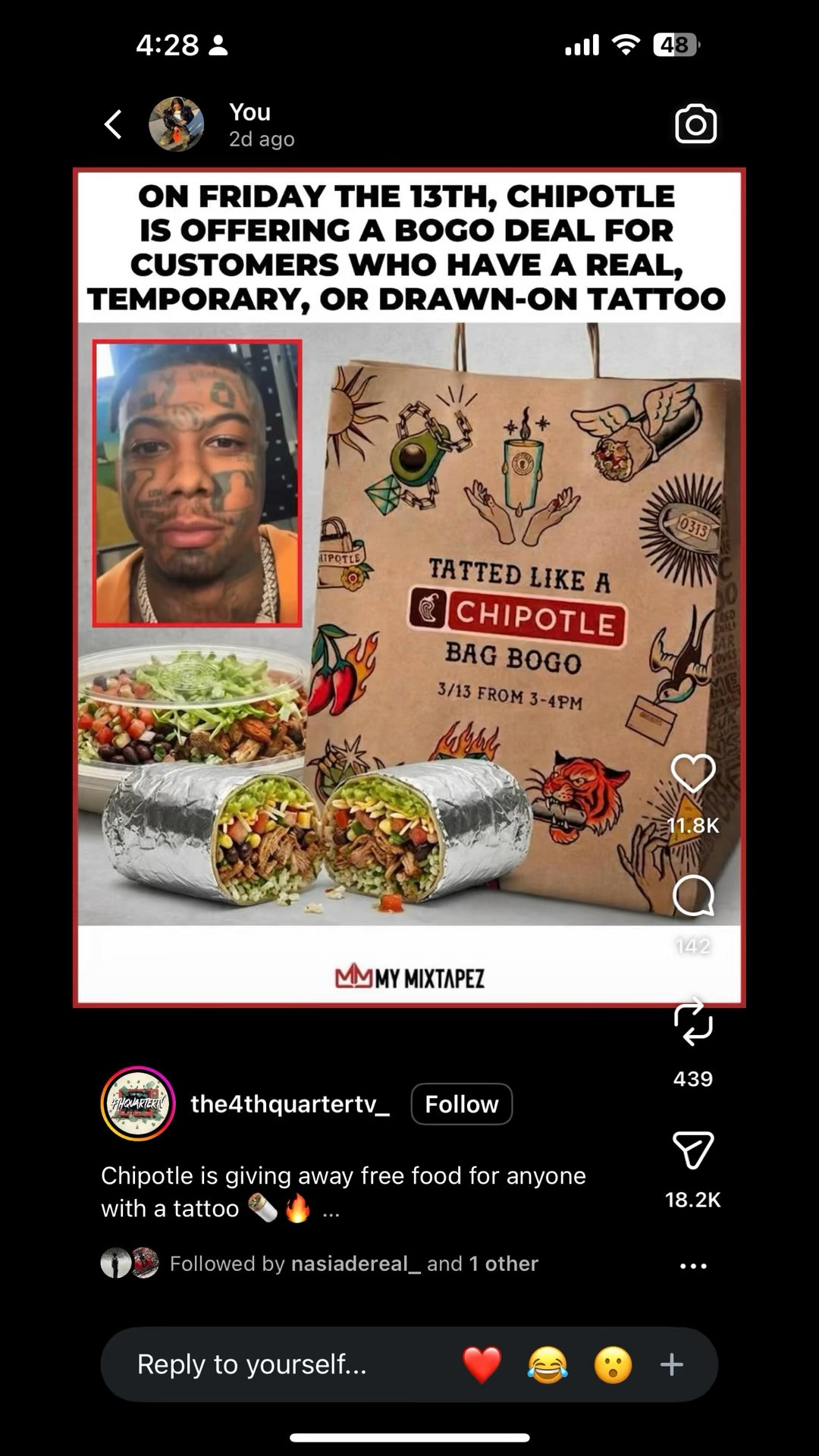 Today was BOGO if you show your tattoos at Chipotle 🤣🤎 #chipotle #bogo #tattoos

#LTKvlog #LTKfoodie #LTKdayinmylife