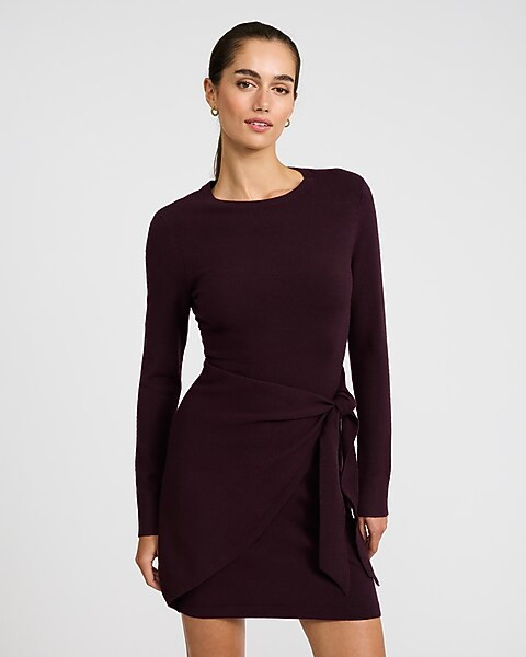 Crew Neck Long Sleeve Wrap Mini Sweater Dress | Express