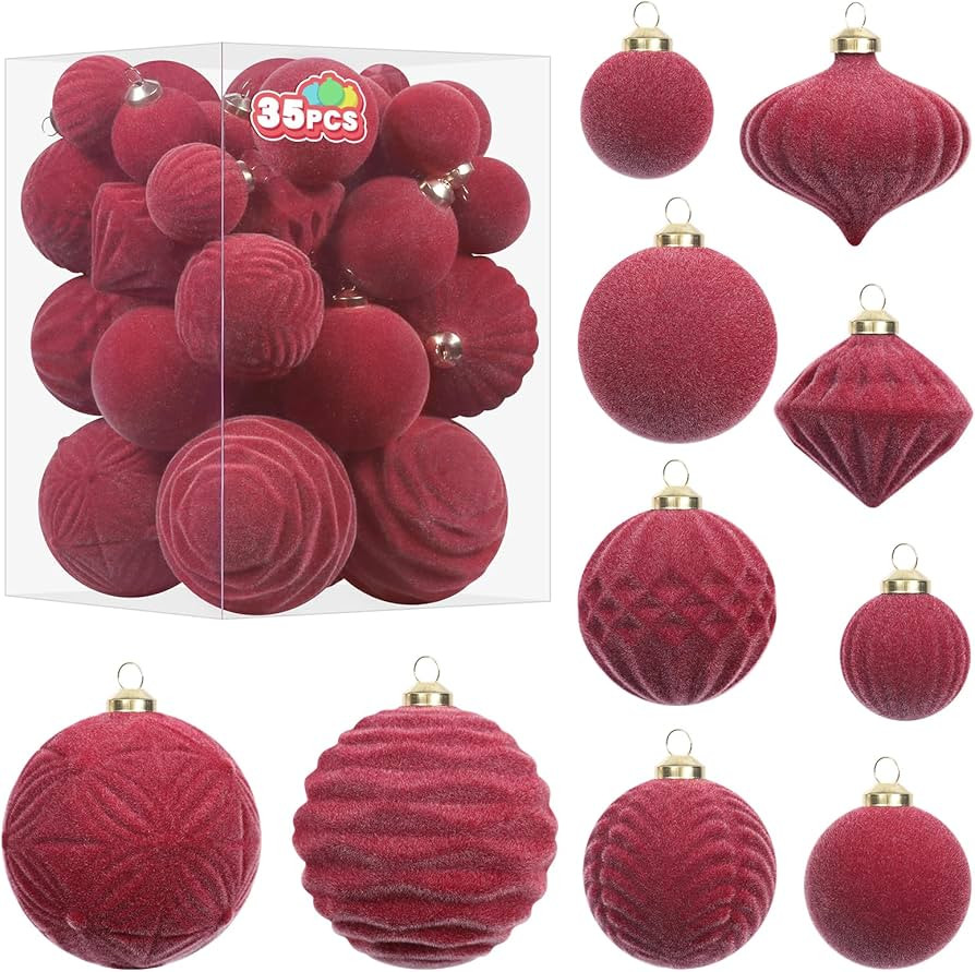 Super Holiday Velvet Christmas Ornaments Set, 35PCS Flocked Shatterproof Assorted Hanging Xmas Tr... | Amazon (US)