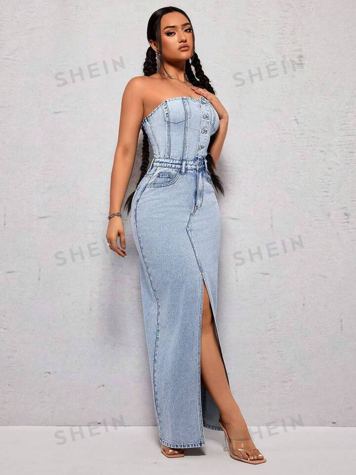 SHEIN ICON Strapless High Slit Denim Dress With Stone Wash | SHEIN