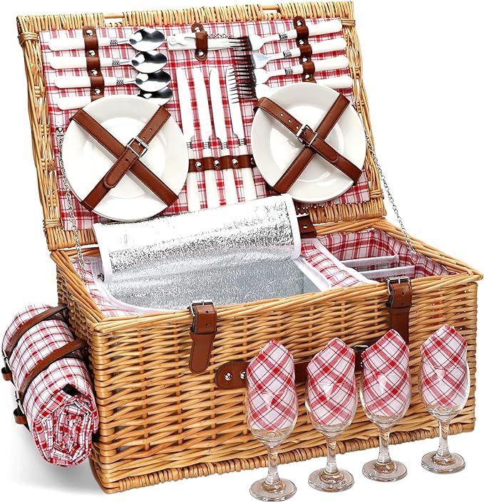 Wicker Picnic Basket Set for 4 Persons with Waterproof Picnic Blanket and Large Insulated Cooler ... | Amazon (US)