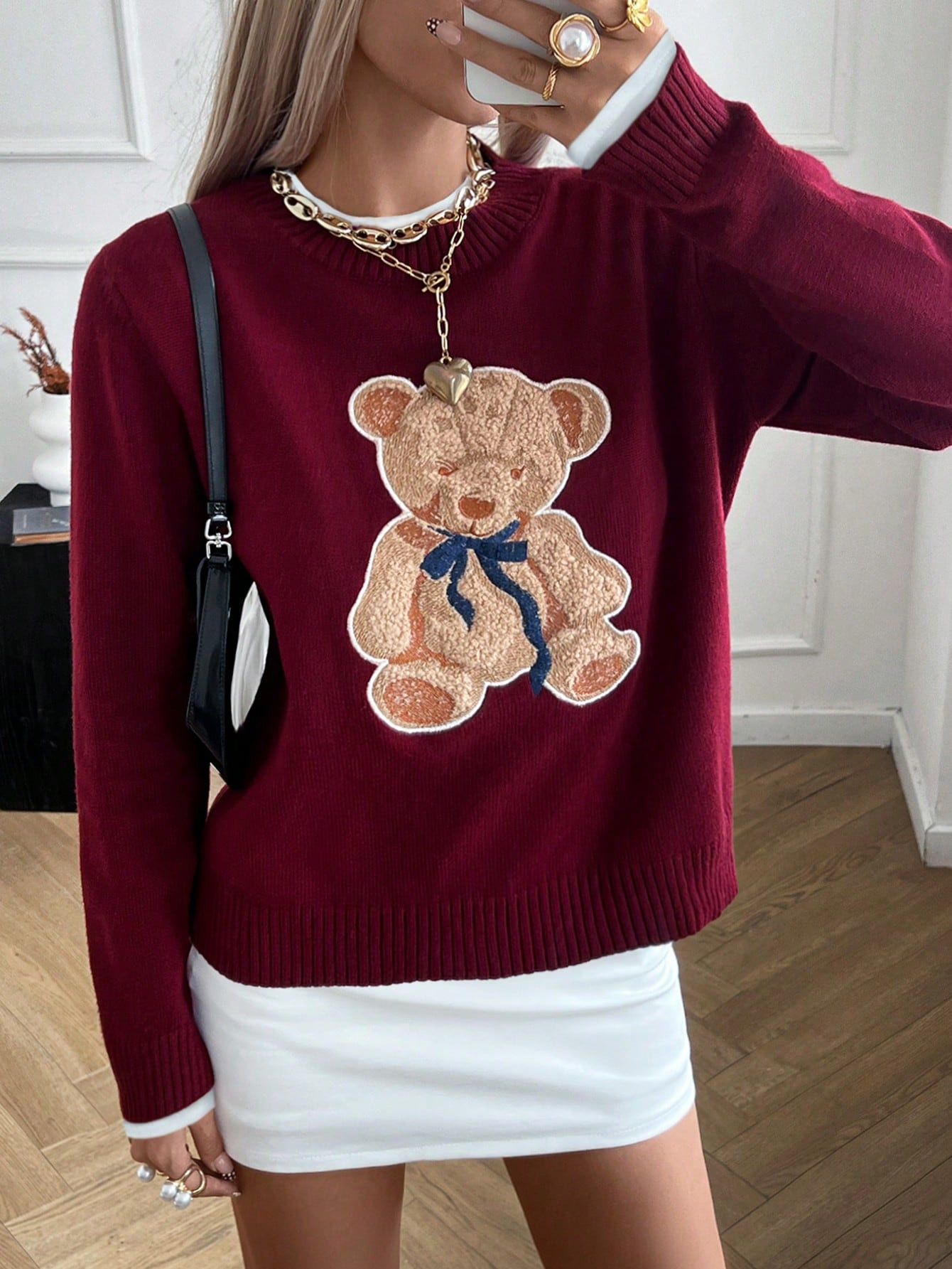 Women's Casual Cartoon Bear Ribbed Crew Neck Knit Long Sleeve Sweater, Suitable For Autumn/Winter | SHEIN