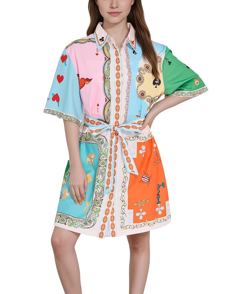 FOTN Graffiti Shirt Dresses for Women 2025 Colorful Vintage Belted Dress Button Short Sleeve Flor... | Amazon (US)