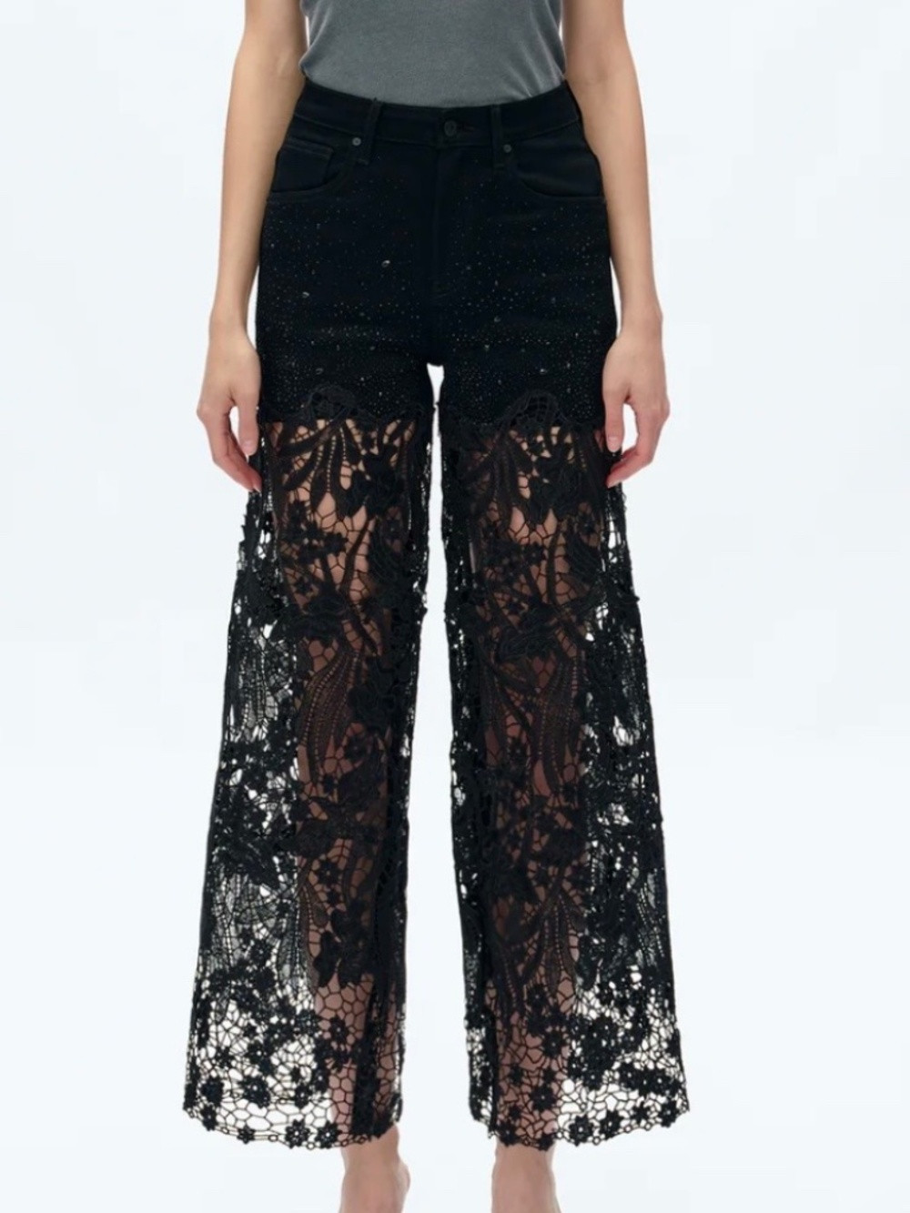 BLACK HIGH WAIST CRYSTAL EMBELLISHED CURVE HUGGING WIDE LEG LACE JEANS | Poshmark