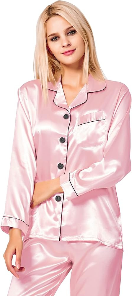 SWOMOG Womens Silk Satin Pajamas Loungewear Two-piece Sleepwear Button-Down Pj Set | Amazon (US)