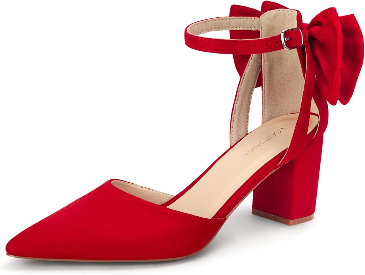 LOOPCHARM Womens Closed Pointed Toe Heels with Bow Low Chunky Block Heel Ankle Strap D'Orsay Pump... | Amazon (US)