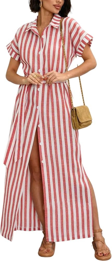 chouyatou Women's Summer Short Sleeve Striped Shirt Dress Beach Maxi Long Belted Casual Button Do... | Amazon (US)