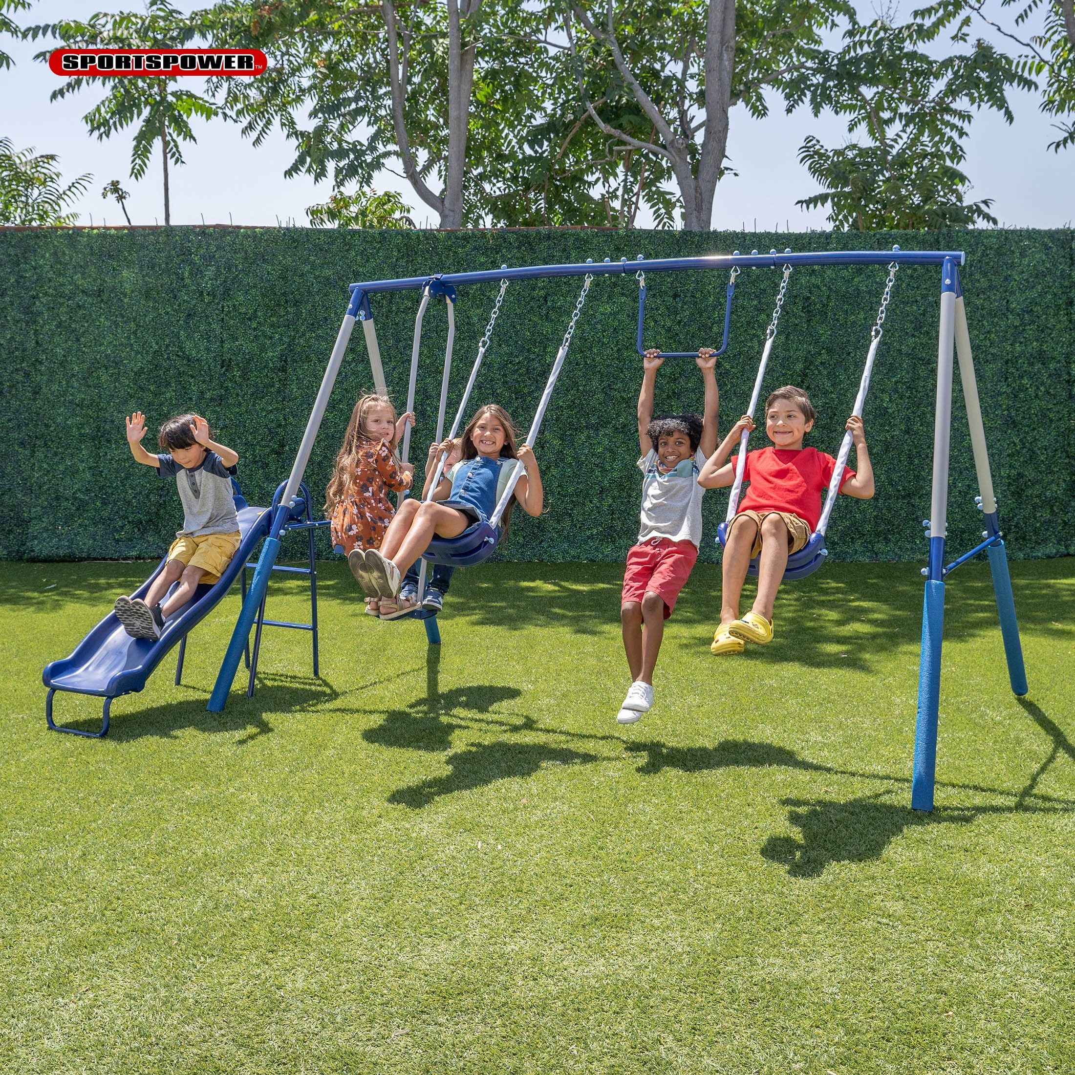 Sportspower Arcadia Metal Swing Set with 5ft Slide, Trapeze, 2 Person Glider Swing - Walmart.com | Walmart (US)