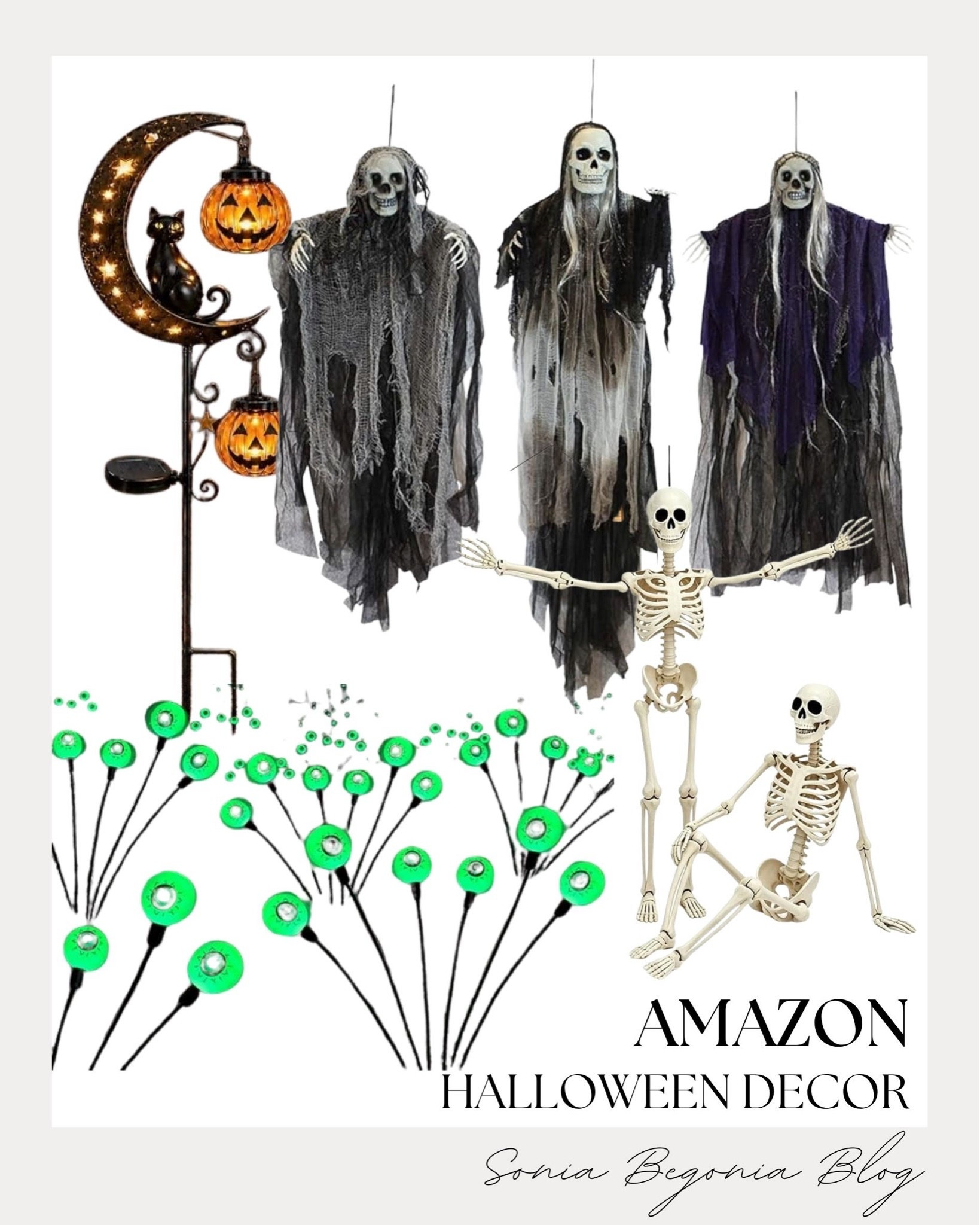 Spooky Amazon Halloween decor setup! 🎃 I selected eerie hanging grim reaper ghosts in dark robes, posable skeletons, and a glowing moon cat yard stake.  
I added glowing green yard stake lights to create the ultimate haunted graveyard display for the season.