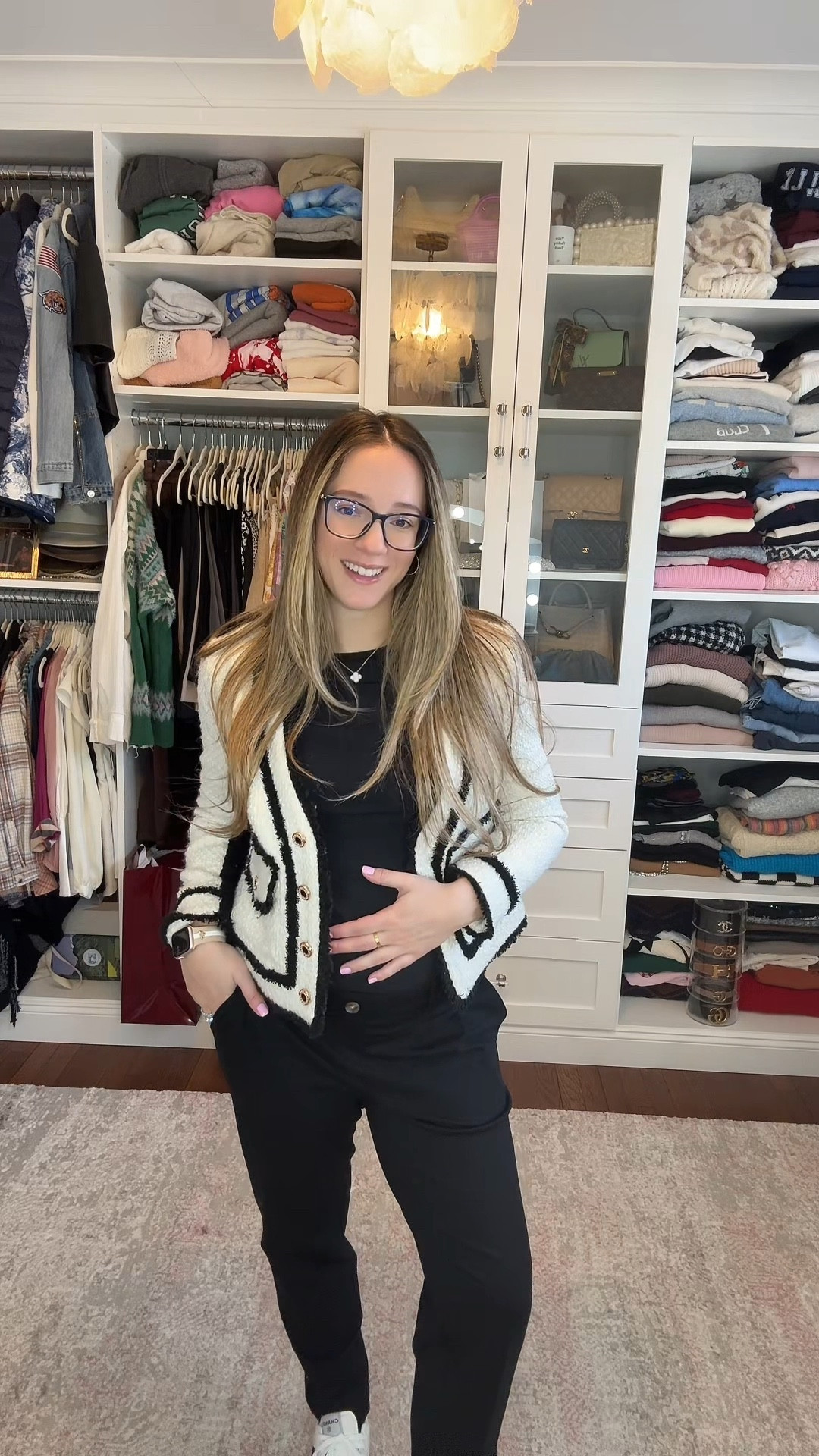 Chanel inspired work ootd! Wearing crzy yoga black long sleeve top from Amazon // target tapered maternity pants // black and white tweed coat // maternity style 

#LTKBump #LTKWorkwear #LTKFindsUnder100
