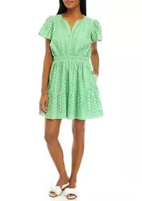 Crown & Ivy™ Women's Short Sleeve Eyelet Mini Dress | Belk