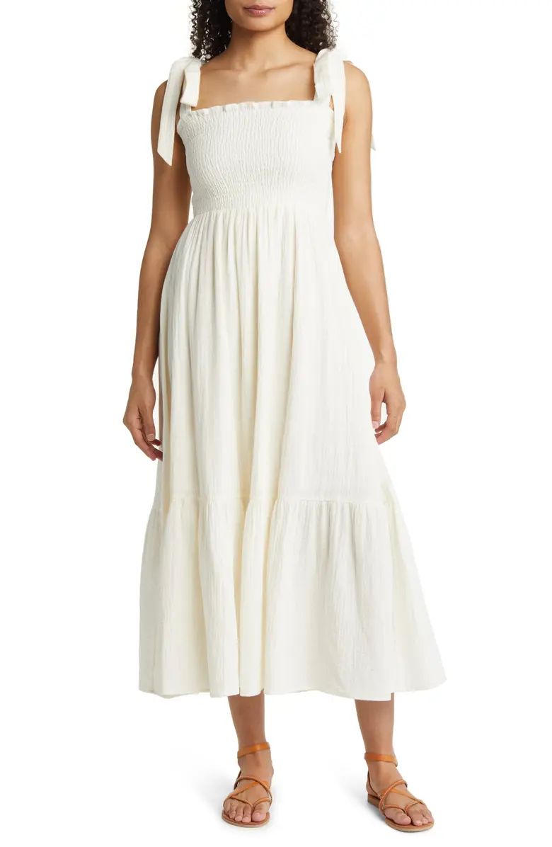 Smocked Tie Strap Cotton Gauze Midi Sundress | Nordstrom