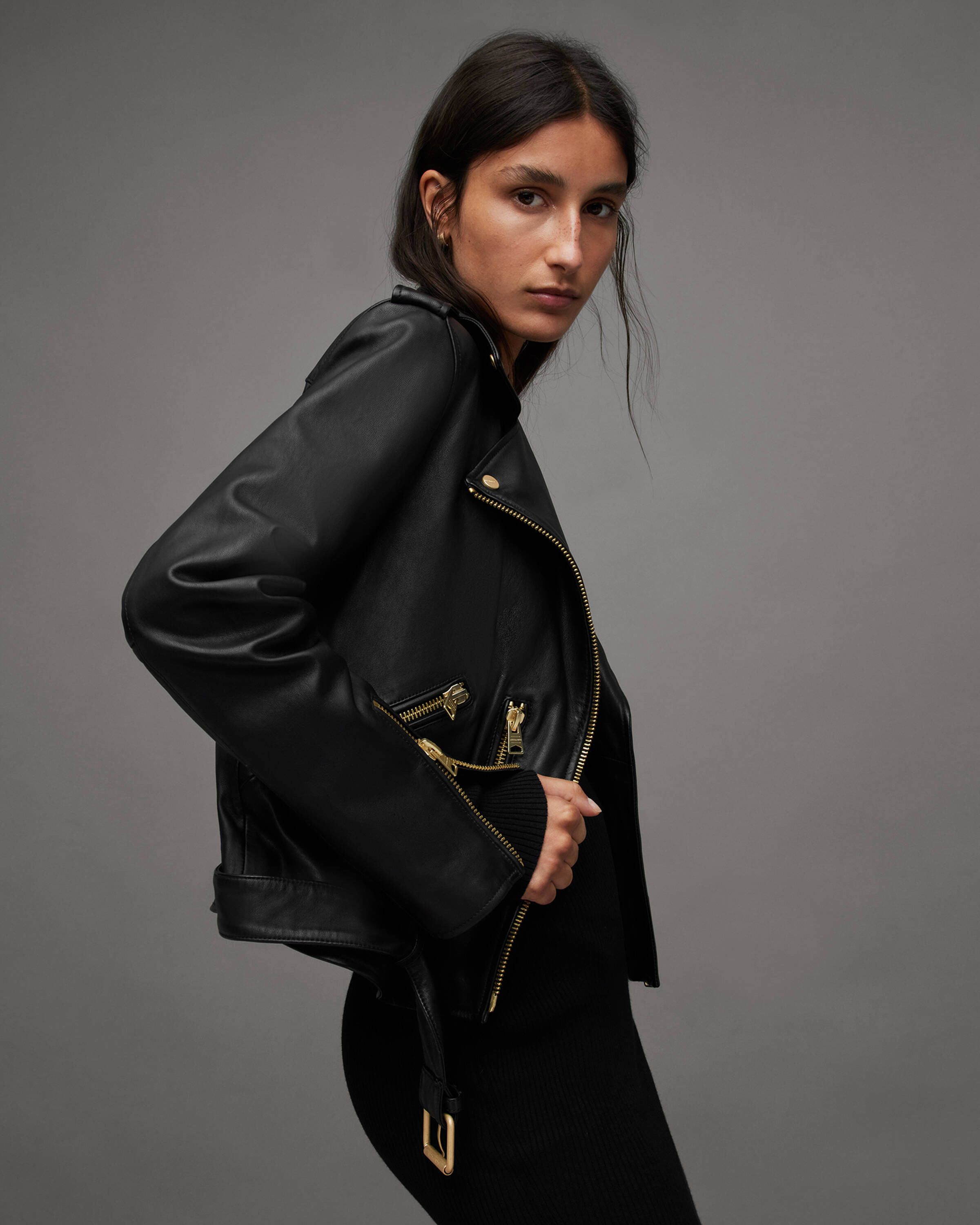 Balfern Belted Hem Leather Biker Jacket BLACK/GOLD | ALLSAINTS US | AllSaints US