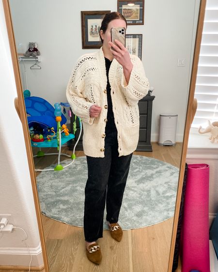 Winter outfit / casual outfit / beige open knit cardigan sweater / black shirt sleeve T-shirt / black jeans / brown mules

#LTKfindsunder100 #LTKSeasonal #LTKover40