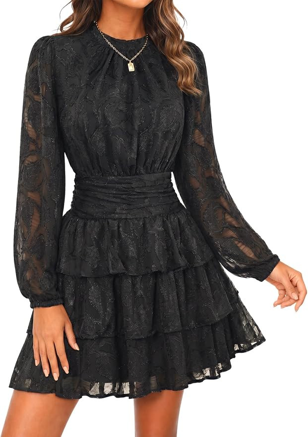 Wenrine Womens Long Sleeve Lace Mini Dress Wedding Guest Dresses | Cut Out, High Waist, Ruffle De... | Amazon (US)