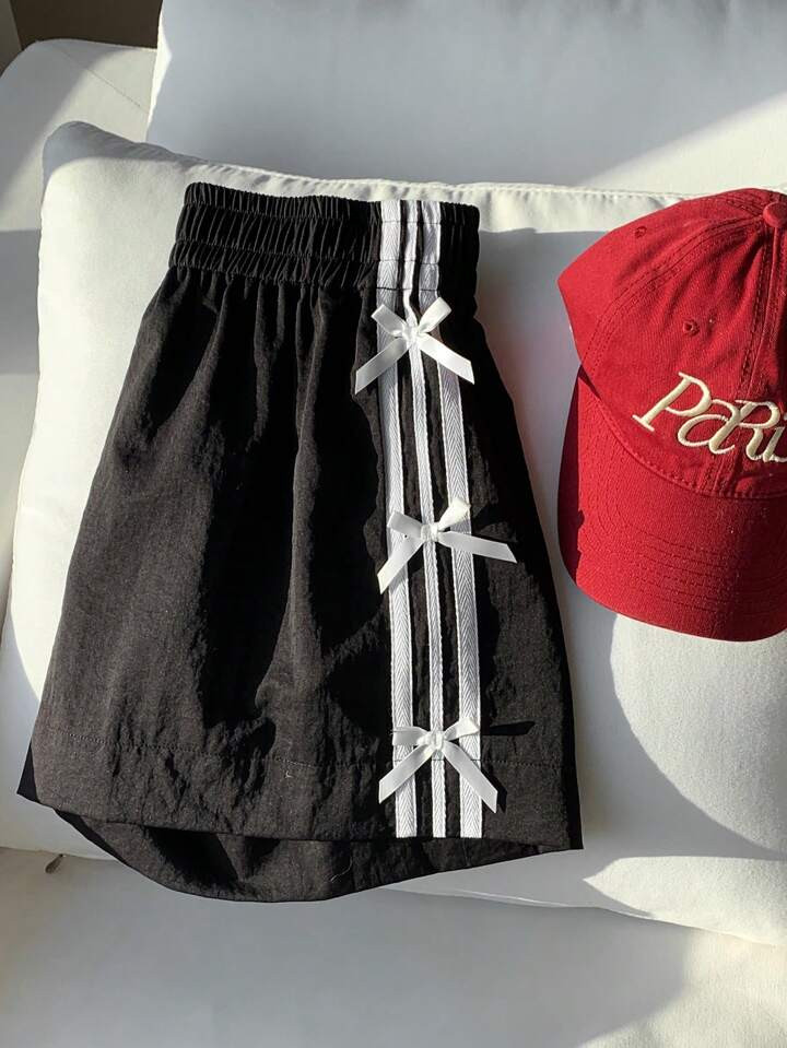 Comfortcana Women's Elastic Waist Side Striped Bow Decor Shorts | SHEIN