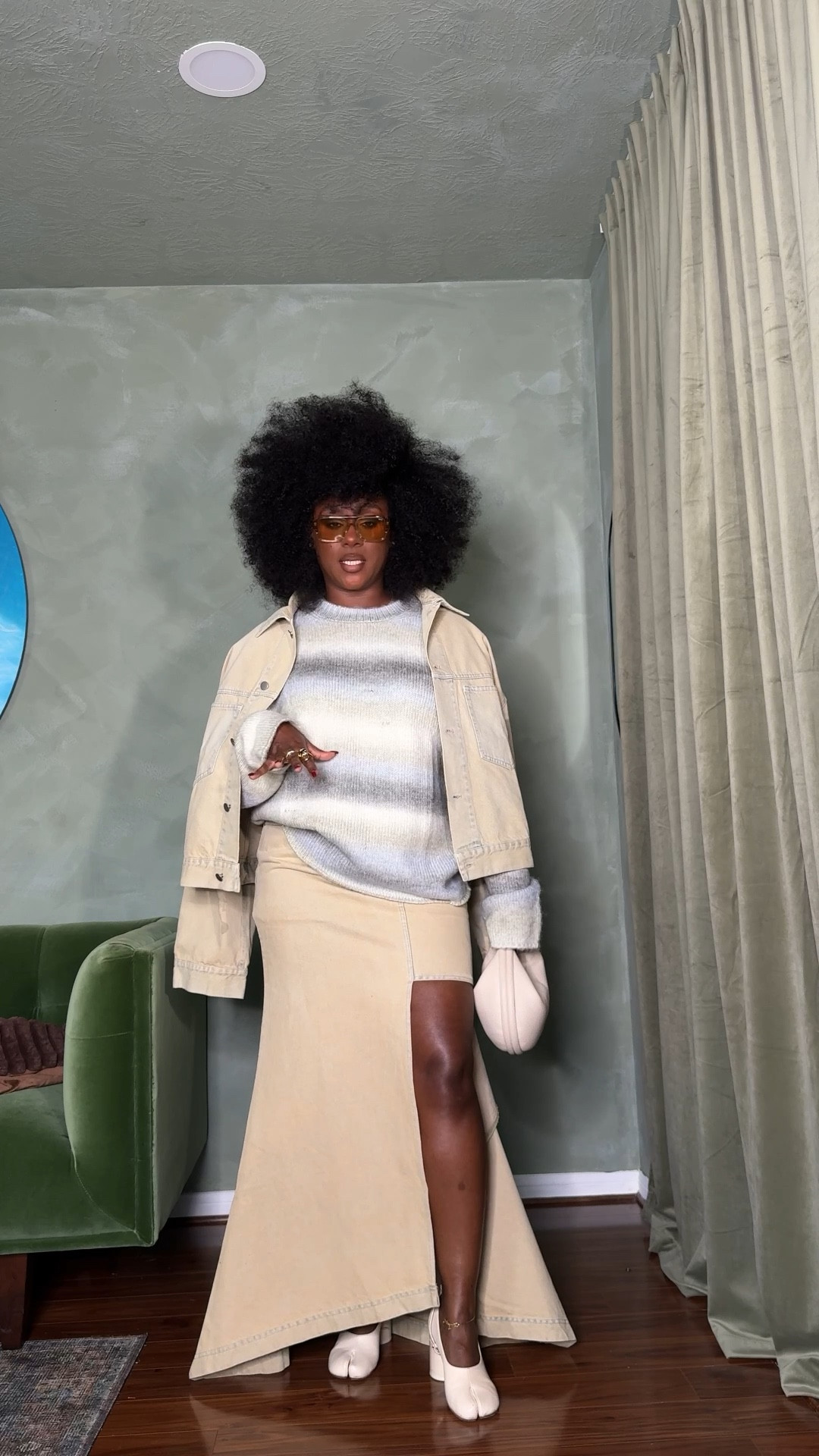 Denim set with maxi fishtail skirt and oversized knit 