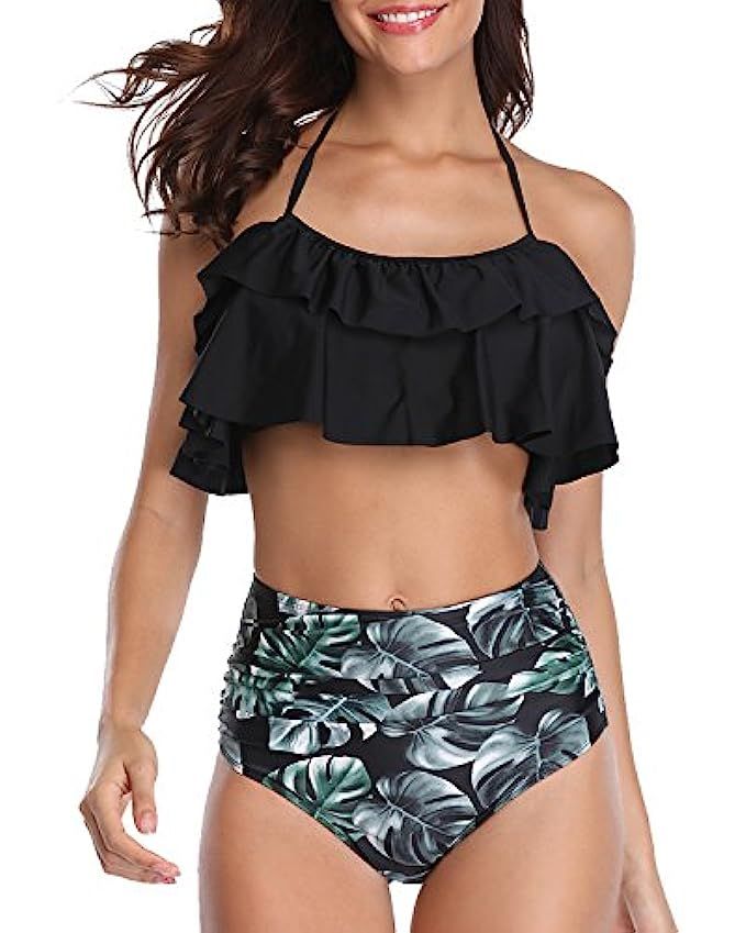 Tempt Me Women 2 Piece Ruffle Halter Backless Bikini Crop with High Waisted Palm Leaves Printed Bott | Amazon (US)