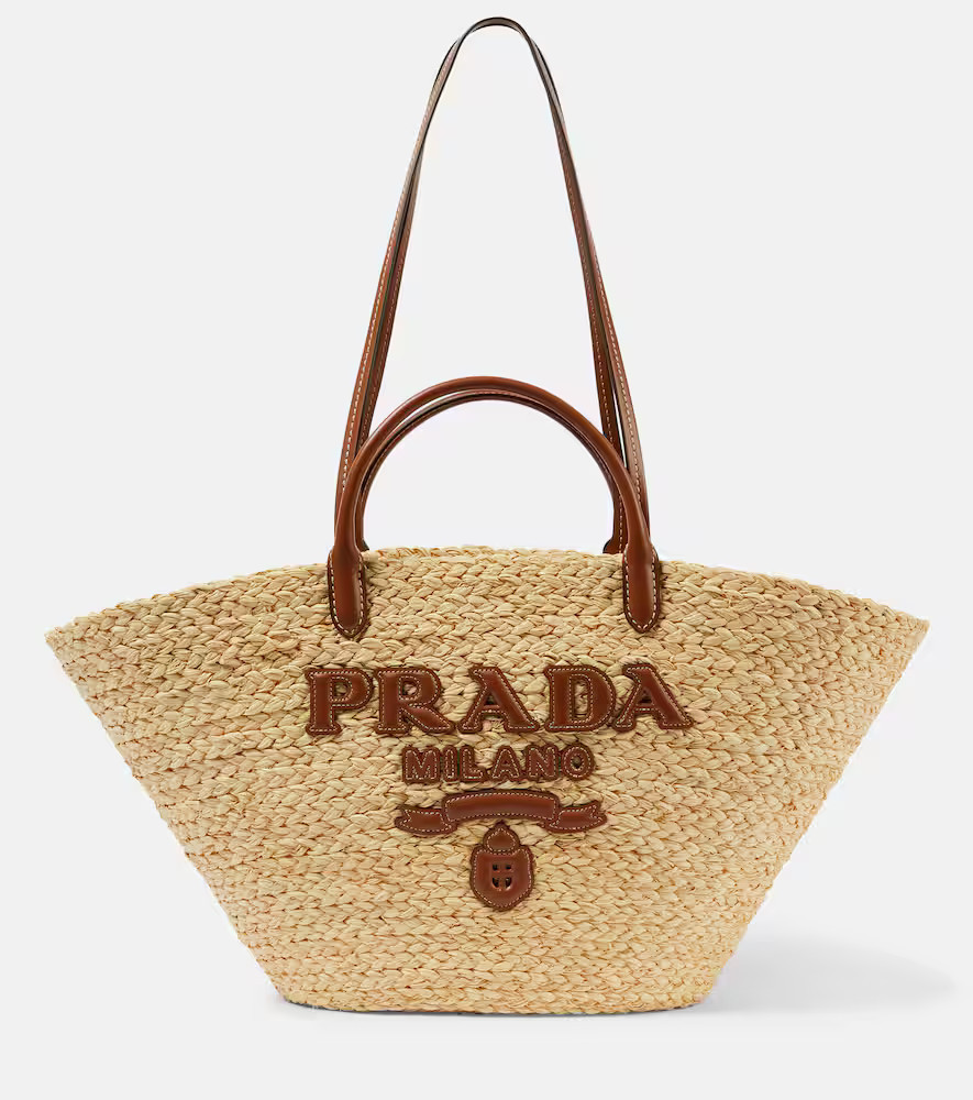 Prada Large leather-trimmed raffia basket bag | Mytheresa (US/CA)