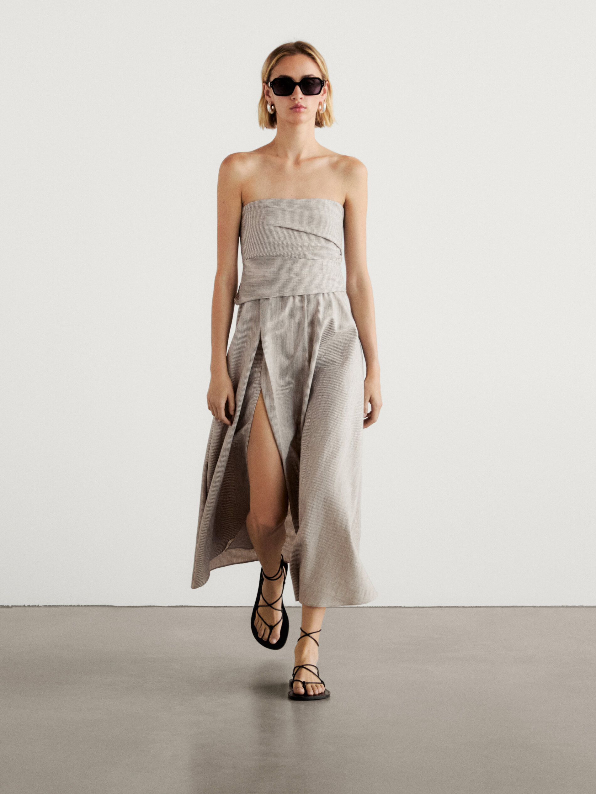 Striped midi dress with pleated detailing | Massimo Dutti UK