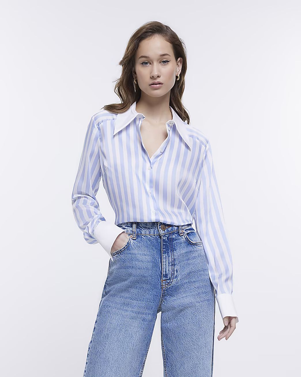 Blue stripe satin long sleeve shirt | River Island (UK & IE)