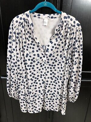 Womens XL Anna Glover H&M Beige Blue Print  V-Neck Balloon Sleeve Blouse Top | eBay US