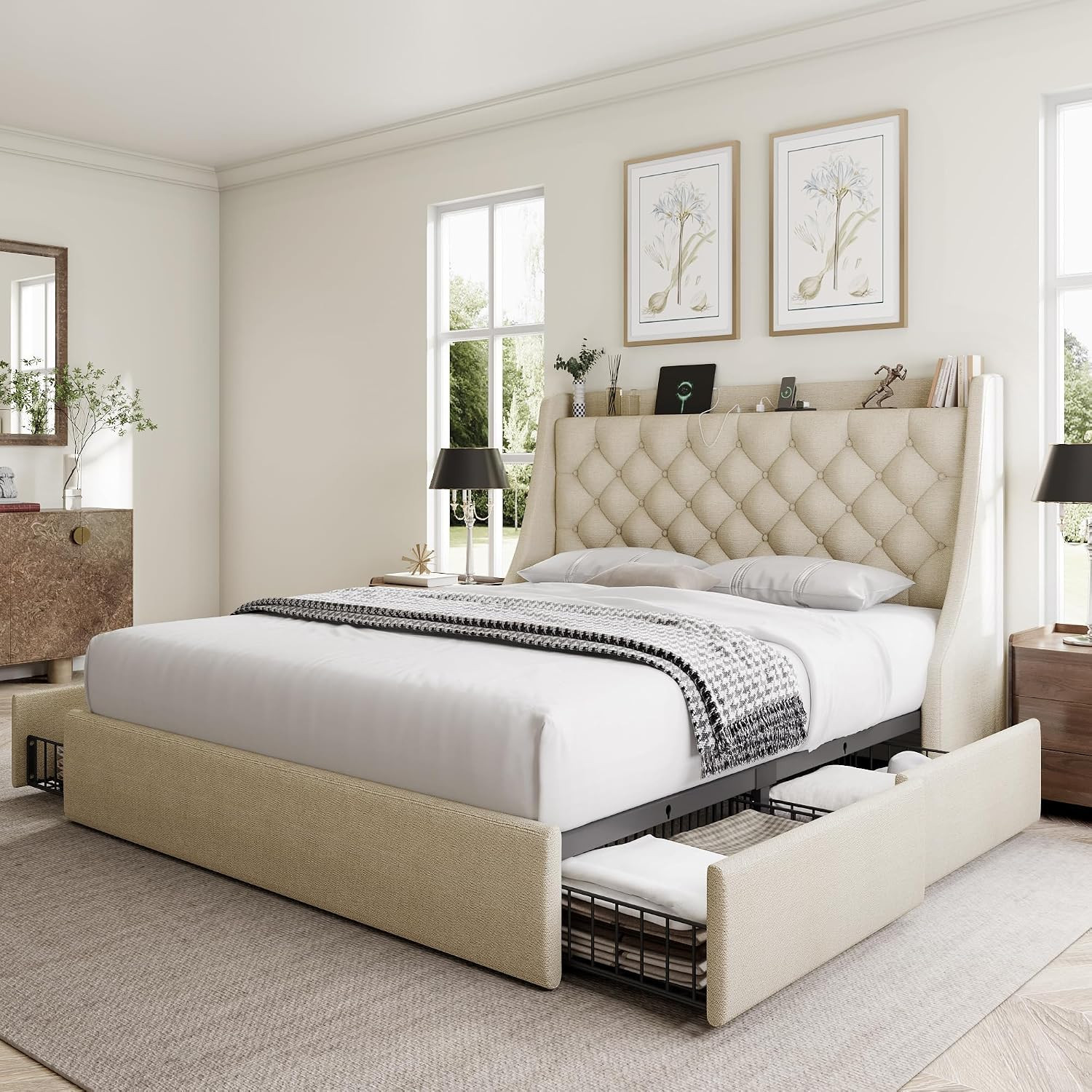 Queen Bed Frame with 4 Storage Drawers, Huge Upholstered Wingback Headboard, Fast Charging Station, No Box Spring Needed, Noise-Free, Beige | Amazon (US)