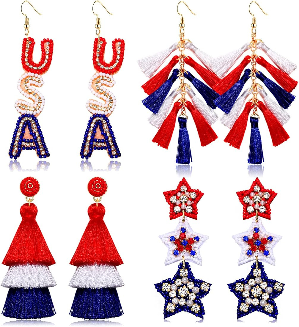 PHALIN 4 Pairs 4th of July Earrings American Flag Earrings Patriotic Earrings for Women Handmade ... | Amazon (US)