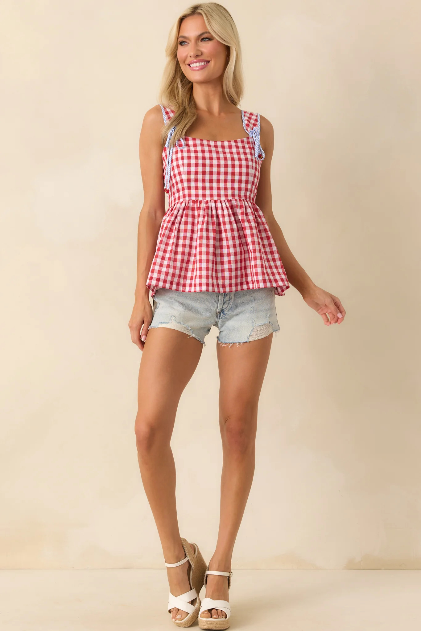 Prosperina Red Gingham Print Cotton Kacey Peplum Top | Red Dress