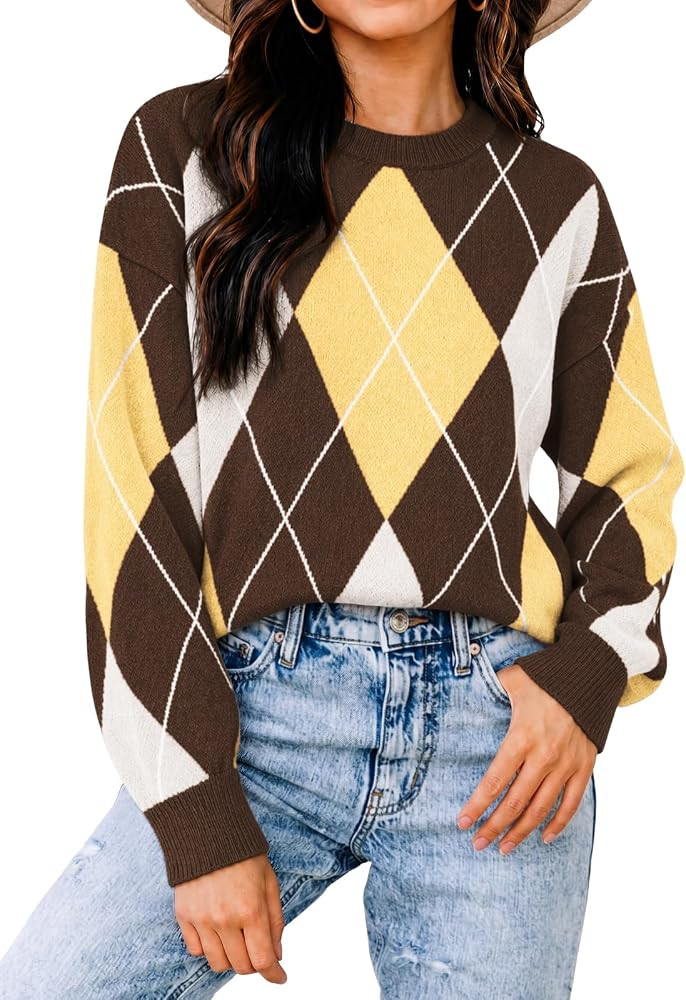 Cicy Bell Womens Argyle Sweaters Long Sleeve Color Block Knit Pullover Tops | Amazon (US)