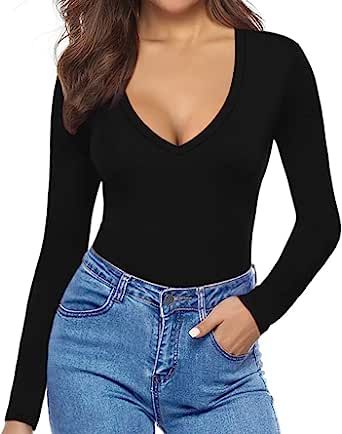 MANGOPOP Womens V Neck Short Sleeve Long Sleeve Slim Fit T Shirt Tunic Tops Tee | Amazon (US)