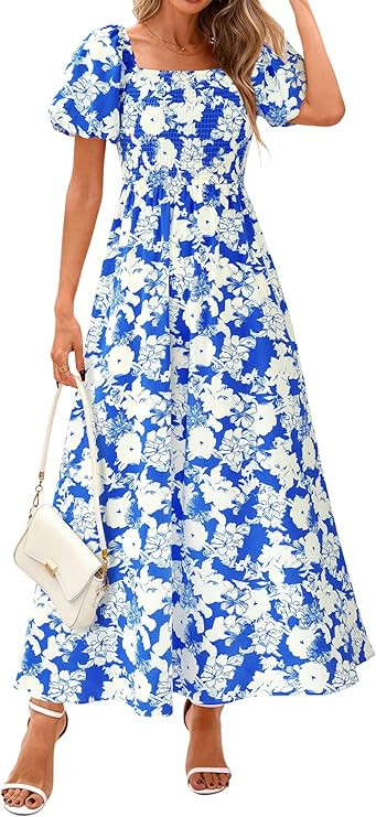 BTFBM Womens Spring 2026 Casual Maxi Dresses Short Sleeve Smocked Tiered Floral Boho Long Beach D... | Amazon (US)