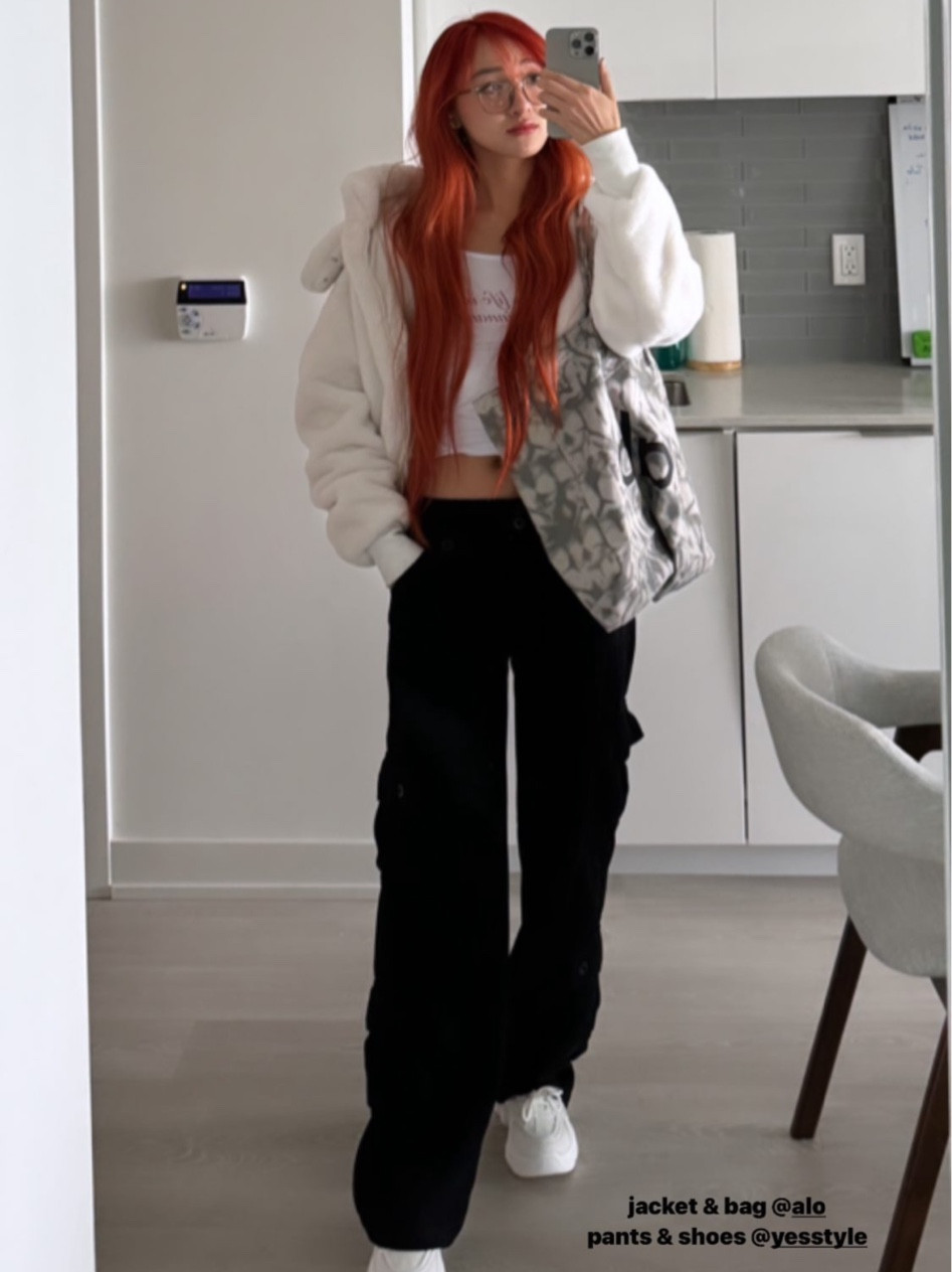 White Faux Fur Jacket from Alo Yoga 
Black Cargo pants and shoes from YESSTYLE 

#LTKGiftGuide #LTKHoliday #LTKSeasonal