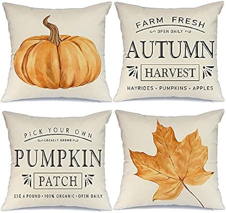 AENEY Fall Pillow Covers 18x18 inch Set of 4 Pumpkin Maple Leaf Harvest Outdoor Fall Pillows Deco... | Amazon (US)