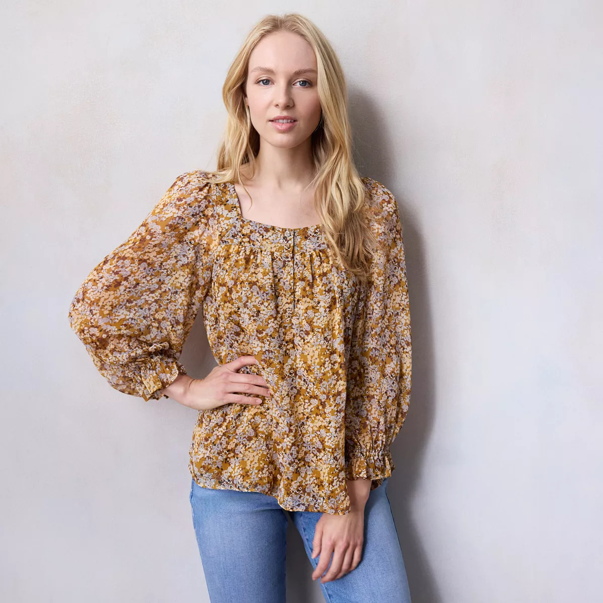 Women's LC Lauren Conrad Henley Puff Sleeve Peasant Top | Kohl's