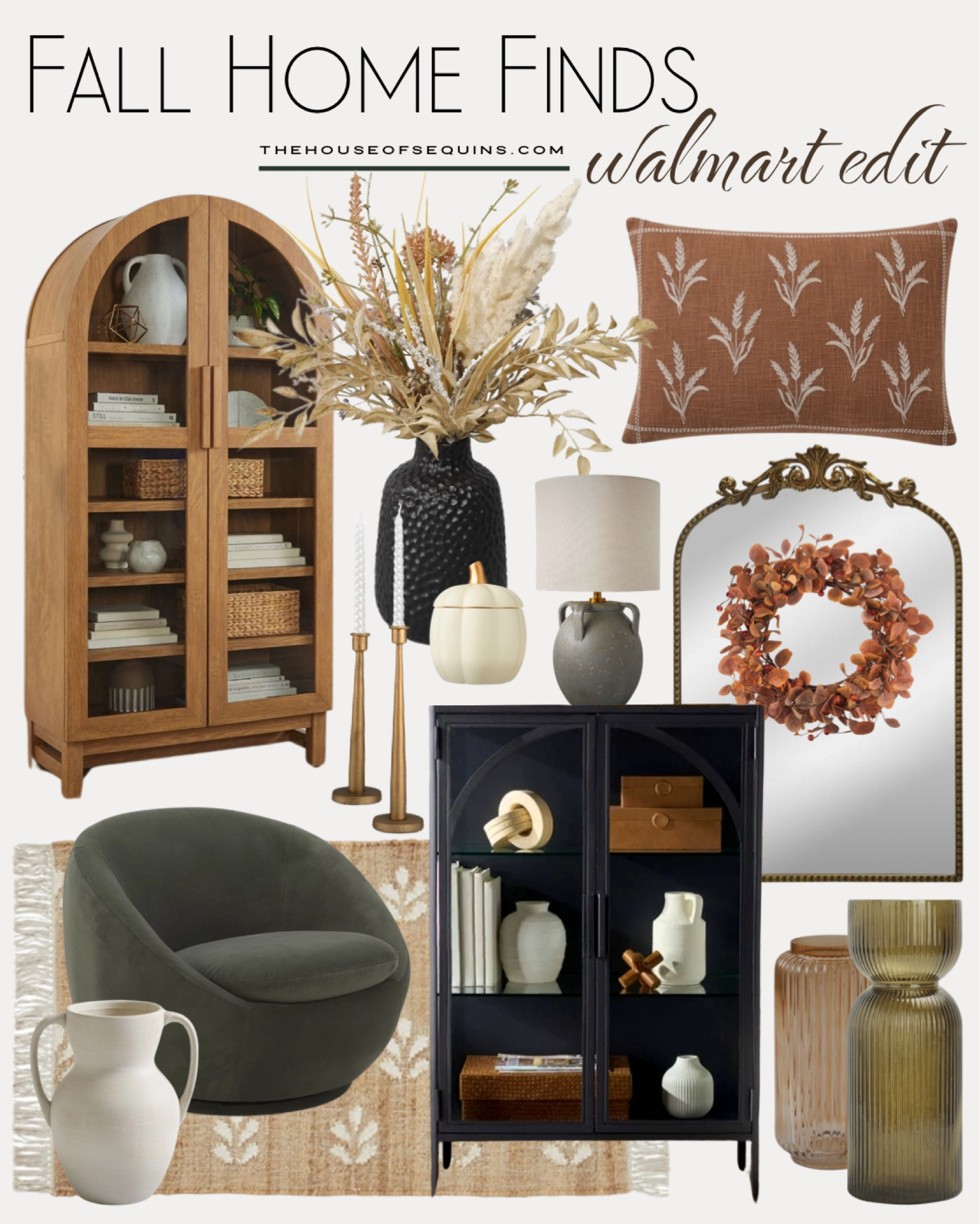 Shop these Walmart Home and fall decor finds! Storage cabinet, Arch cabinet, barrel chair, velvet chair, wall mirror, faux greenery, throw pillows, table lamp, candlesticks, artificial floral arrangement, ceramic vase, fluted vase, area rug and more! 

#LTKFindsUnder50 #LTKFindsUnder100 #LTKHome