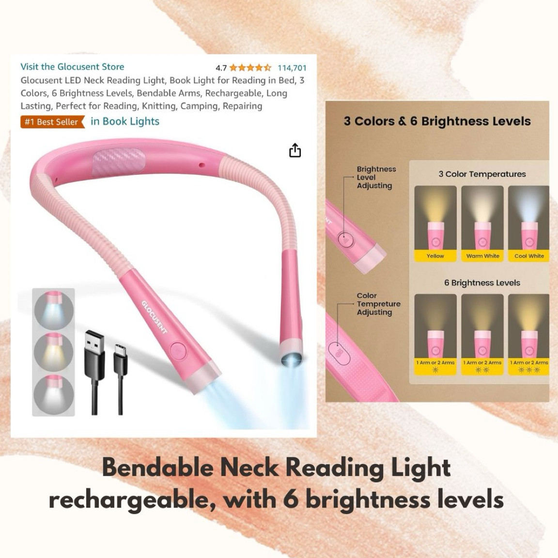 LED Neck Reading Light, Book Light for Reading in Bed, 3 Colors, 6 Brightness Levels, Bendable Arms, Rechargeable, Long Lasting, Perfect for Reading, Knitting, Camping, Repairing 

#LTKfamily #LTKsalealert #LTKtravel