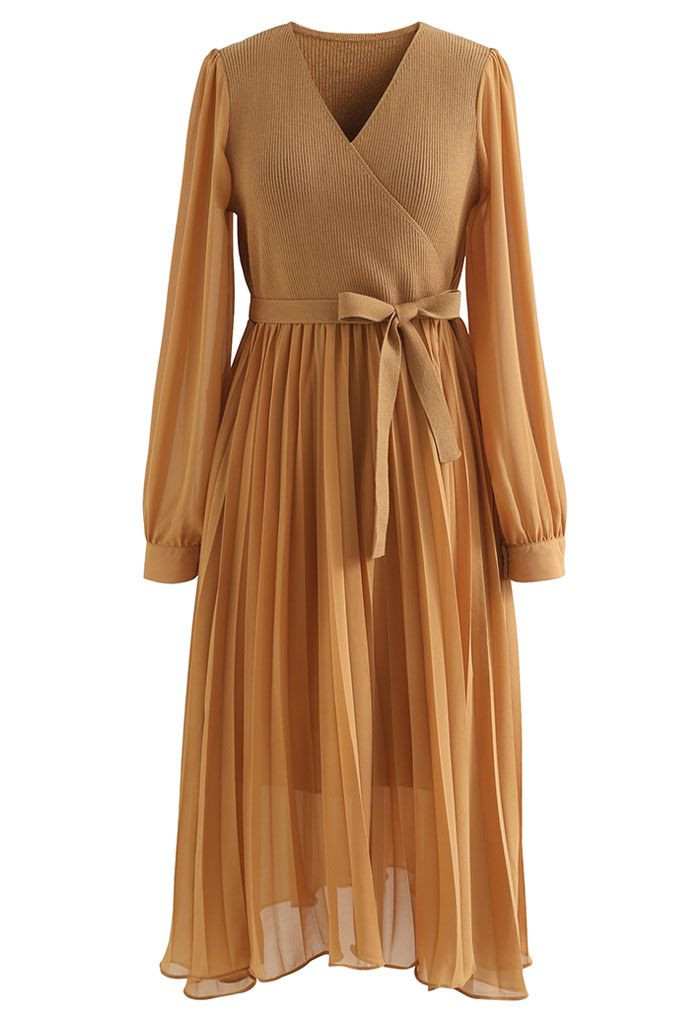 Knit Spliced Self-Tie Pleated Wrap Midi Dress in Caramel | Chicwish