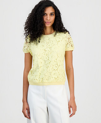 Women's Lace-Front Short-Sleeve Sweater | Macy's
