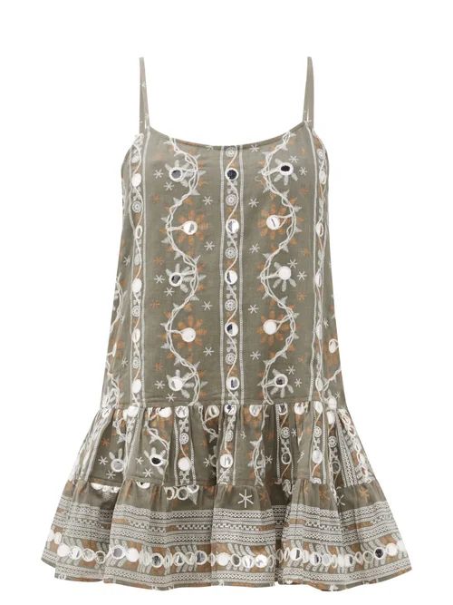 Juliet Dunn - Nomad Mirror-embroidered Cotton Dress - Womens - Khaki Print | Matches (US)