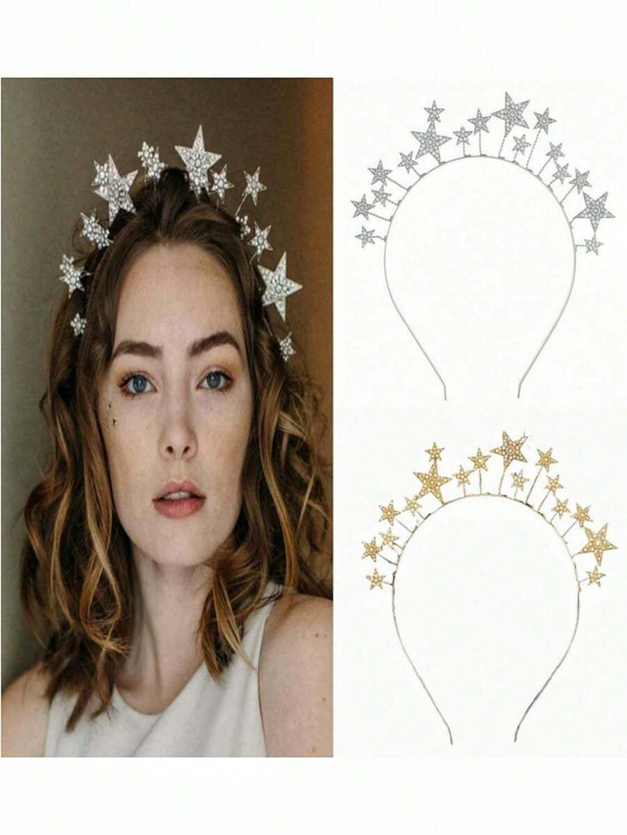 2pcs Women's Metal Stereo Headband Rhinestone Pentagon Star Pie Headband Fashion Elegant Holiday ... | SHEIN