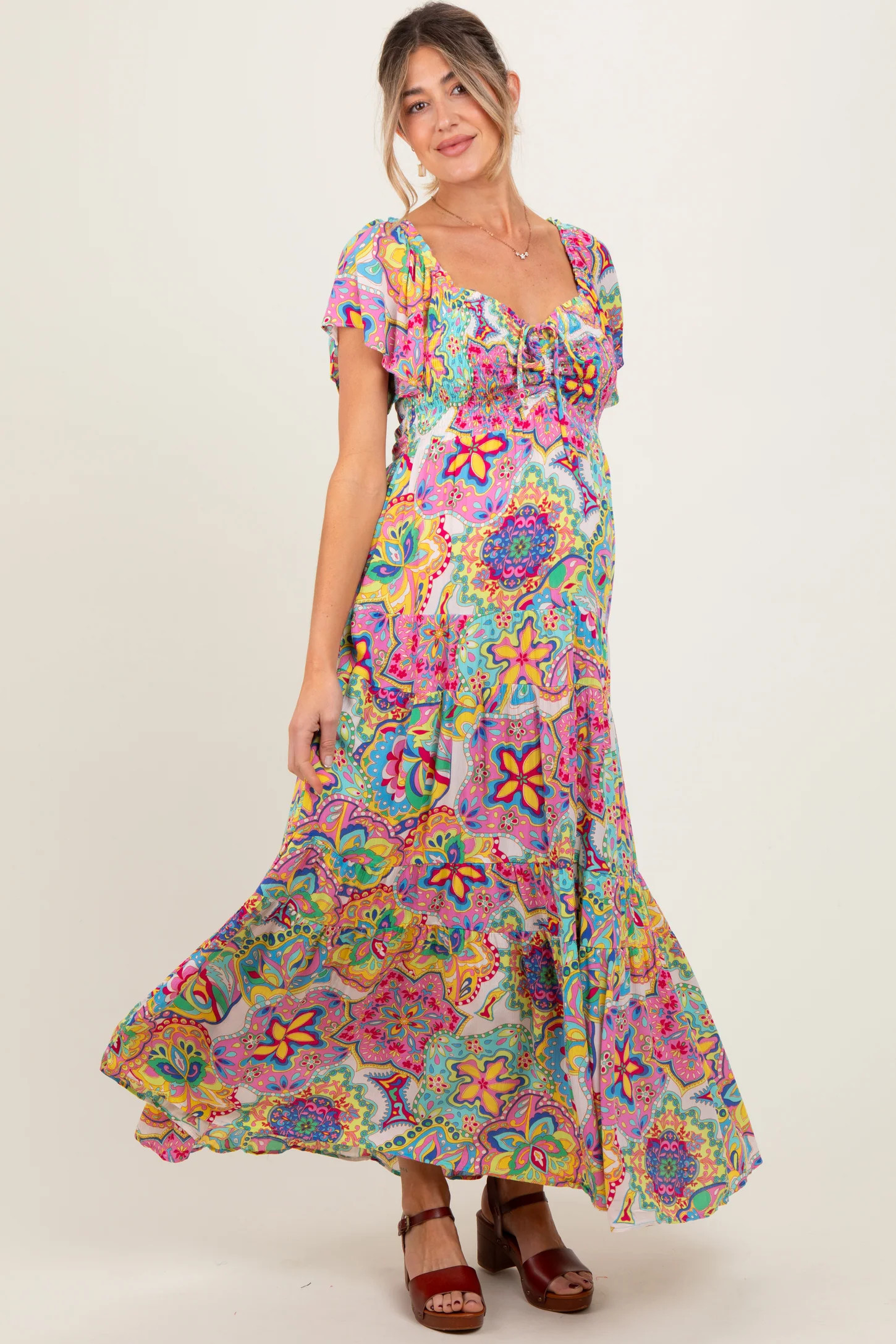 Pink Floral Paisley Smocked Tiered Maternity Maxi Dress | PinkBlush Maternity