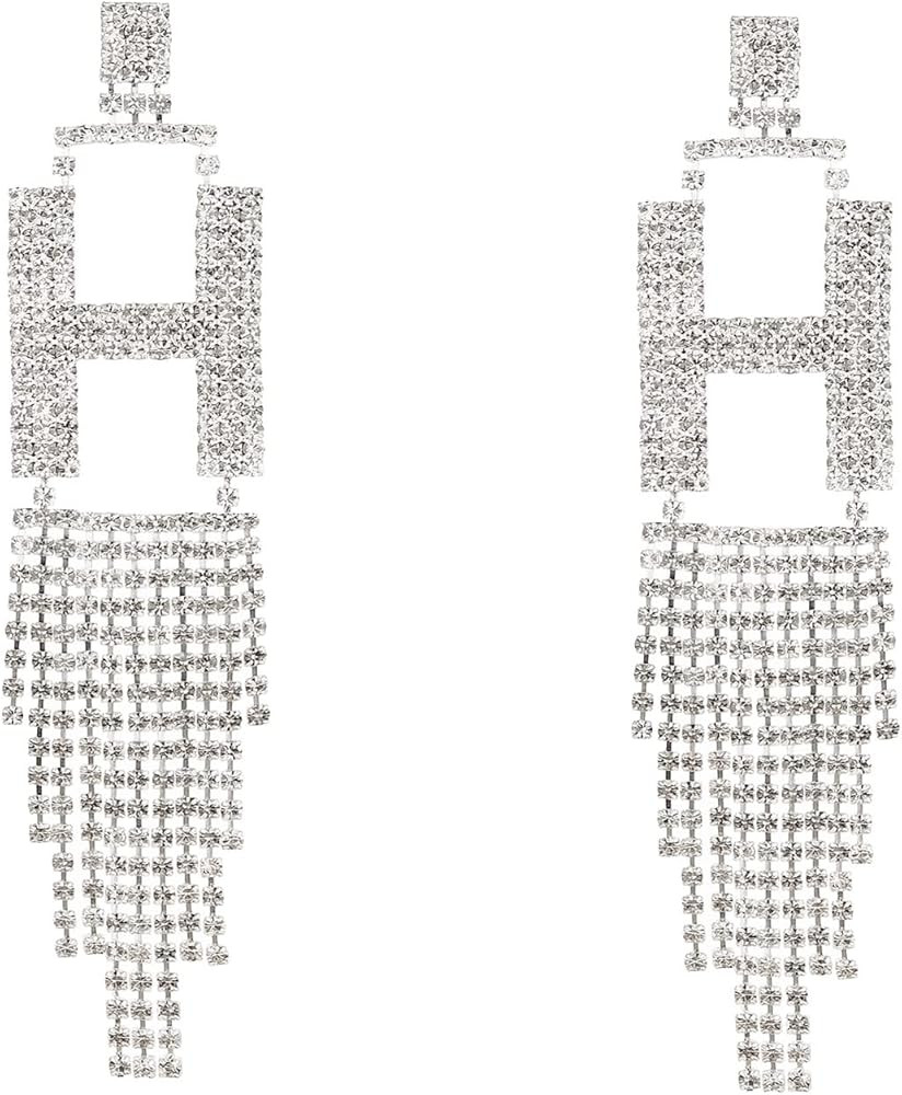 Initial Rhinestone Earrings Sparkle Alphabet Dangle Drop Earrings Clear Crystal Tassel Chandelier... | Amazon (US)